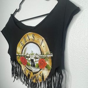 Black Fringe Crop Top with Graphic Design